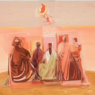 Five abstract figures in robes gaze at a rising sun over a pink and orange landscape, evoking a serene, contemplative mood.