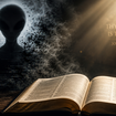 An alien figure fades into particles beside an open book. Light beams illuminate the text "Thy Word is Truth, John 17:17." Mysterious mood.
