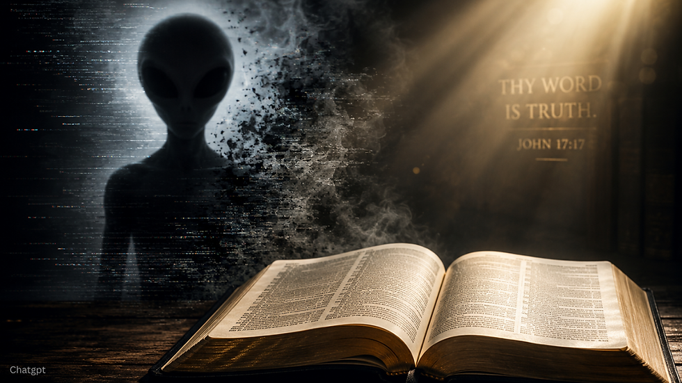 An alien figure fades into particles beside an open book. Light beams illuminate the text "Thy Word is Truth, John 17:17." Mysterious mood.