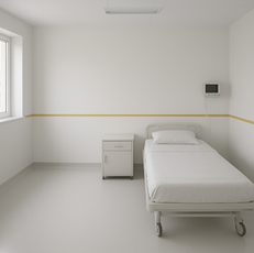 Simple hospital room with a single bed, white and yellow walls, a small cabinet, and a wall-mounted monitor. Bright mood with natural light.