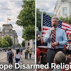 Left: People walk under trees near a building with a German flag. Right: A person holds a Bible at a rally with a speaker and U.S. flag. Text: Europe Disarmed Religion.