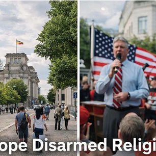 Left: People walk under trees near a building with a German flag. Right: A person holds a Bible at a rally with a speaker and U.S. flag. Text: Europe Disarmed Religion.