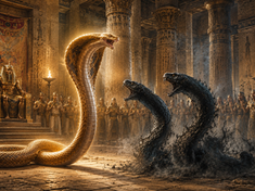 Golden cobra rears in an Egyptian temple as two black serpents attack, with robed onlookers and a pharaoh on a throne.