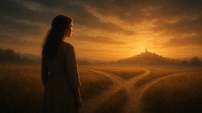 Woman in a field at sunset faces a forked path leading to a distant castle. Warm tones create a serene, contemplative mood.
