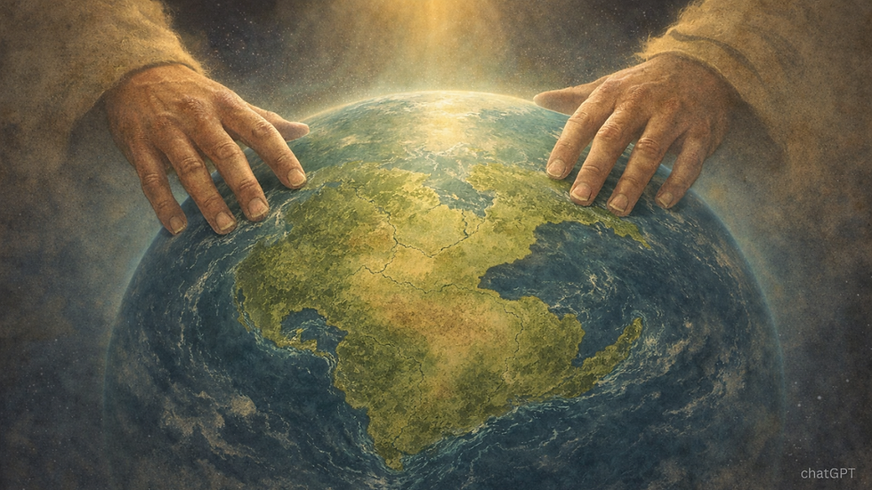 Hands reach towards a glowing Earth from a cosmic background. The image has a warm, mystical atmosphere. Text at the bottom reads "chatGPT".