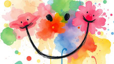 Happy floral faces made from pink and orange flowers with smiling expressions on a colorful watercolor splash background.