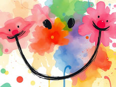 Happy floral faces made from pink and orange flowers with smiling expressions on a colorful watercolor splash background.