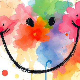 Happy floral faces made from pink and orange flowers with smiling expressions on a colorful watercolor splash background.