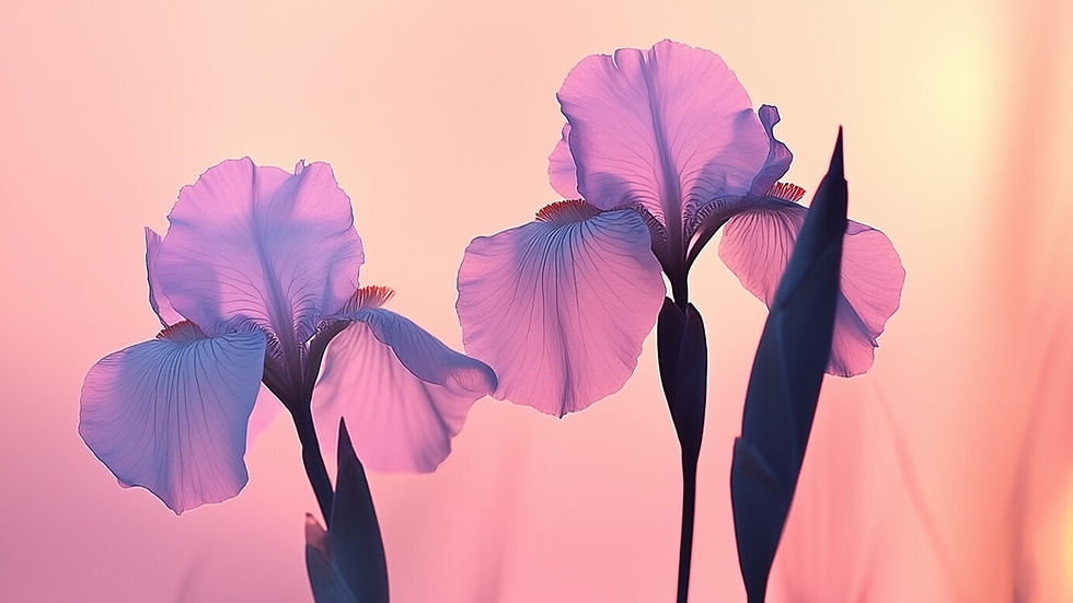 Two purple iris flowers silhouetted against a soft pink and orange sunset sky, with a calm, dreamy mood.