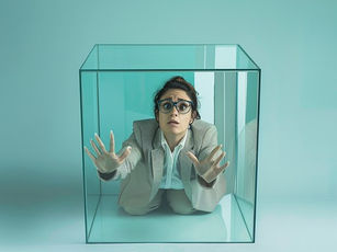 Person trapped inside glass box with hands pressed against the walls, representing the silencing of abuse survivors