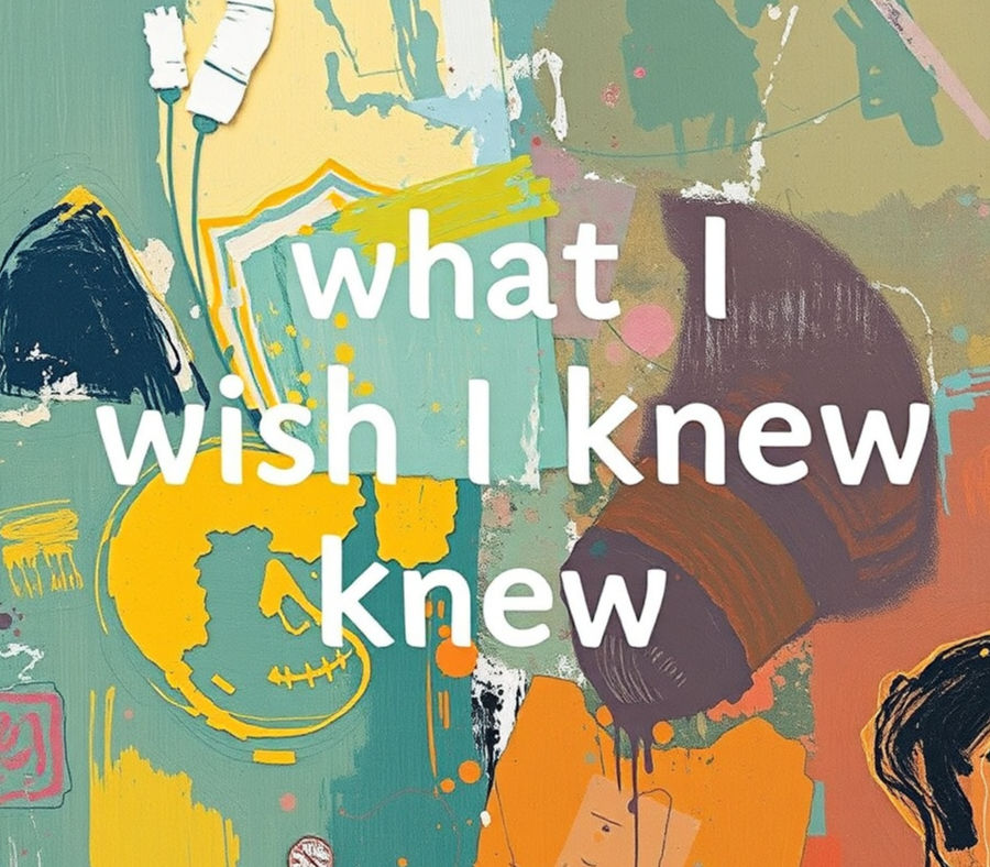 Abstract art with colorful splashes of green, yellow, and orange. Text reads: "what I wish I knew knew" on the textured background.