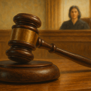 Wooden gavel on a courtroom table with a blurred judge in the background. Warm tones, courtroom setting, serious atmosphere.