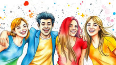 Four smiling people stand with arms around each other, wearing colorful shirts. The background is white with colorful splash patterns.