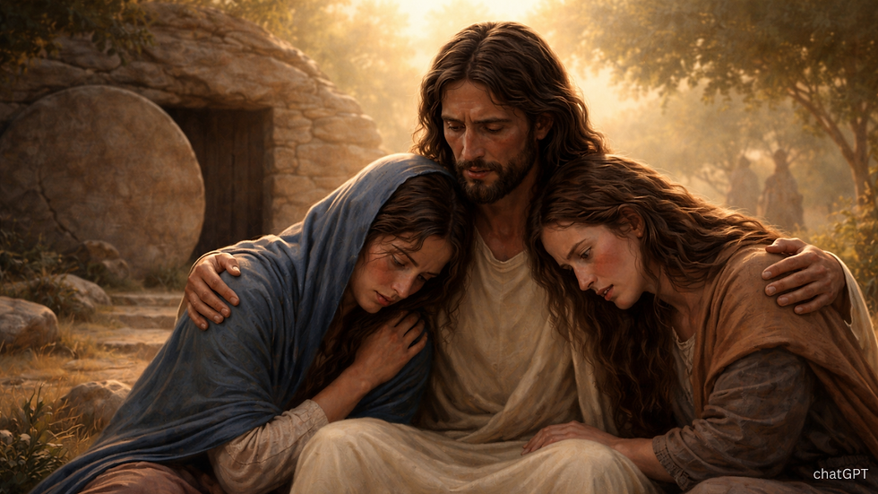 A serene scene with three figures sitting closely, showing warmth and reflection. Background features a stone entrance and lush greenery.