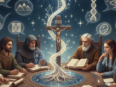 illustration of a bunch of men around a table with a cross and bible