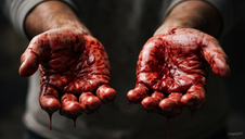 Hands covered in dripping blood, palms up, against a dark background, suggesting a dramatic or intense moment.