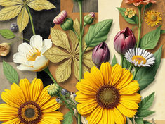 Colorful botanical collage of sunflowers, tulips, daisies and leaves on tan, cream and black paper with faint printed text.
