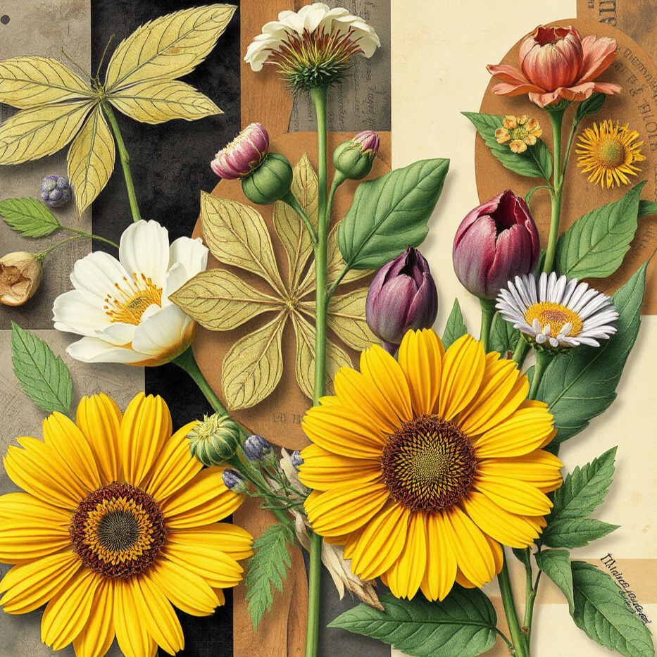 Colorful botanical collage of sunflowers, tulips, daisies and leaves on tan, cream and black paper with faint printed text.
