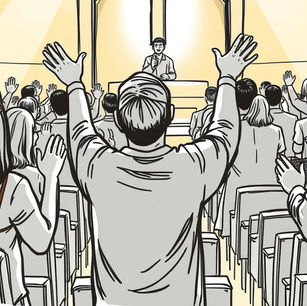 Audience raises hands toward a speaker at a podium in a bright yellow hall, suggesting lively engagement.
