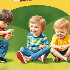 Three children sit on green grass, laughing and playing. One child in a red shirt gestures animatedly. Bright, cheerful setting.