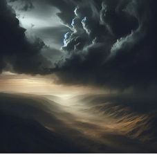 Dark storm clouds loom over a vast, winding valley. Sunlight breaks through, casting dramatic shadows and highlighting rugged terrain.