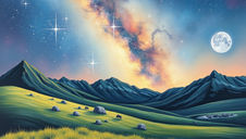 Night landscape with grassy hills, rocks, and grazing bison under a starry sky. Milky Way and full moon light up the serene scene.