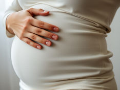 Close-up of a pregnant woman in a cream dress gently resting her hand on her belly by a bright window.