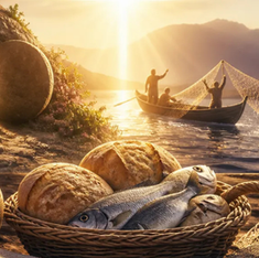Surreal sunset lakeside scene: fishermen cast a net from a boat, with bread, fish, and a jug in the foreground near a stone doorway.