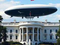 A large UFO hovers over the White House with a Turkish flag on top. Bright sky, green trees, and a fountain in the foreground.
