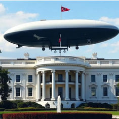 A large UFO hovers over the White House with a Turkish flag on top. Bright sky, green trees, and a fountain in the foreground.