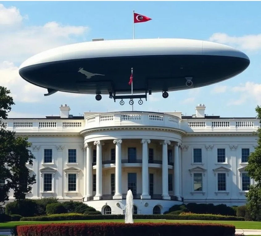 A large UFO hovers over the White House with a Turkish flag on top. Bright sky, green trees, and a fountain in the foreground.