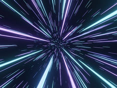 Bright beams of purple and blue light converge into a vanishing point against a dark background, creating a dynamic, futuristic scene.
