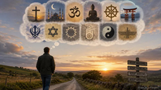 Man on country road at sunset, dreaming of religion symbols; signpost says Keep Walking, Keep Thinking, Keep Seeking.