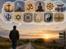 Man on country road at sunset, dreaming of religion symbols; signpost says Keep Walking, Keep Thinking, Keep Seeking.