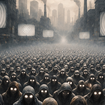 Crowd of hooded figures with glowing eyes in a dystopian city. Large screens display spirals. Smoky, industrial skyline in the background.