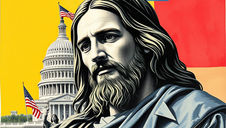 A contemplative figure resembling a classical statue is in front of the US Capitol. Flags, a bird, and a yellow-red-blue background complete the scene.