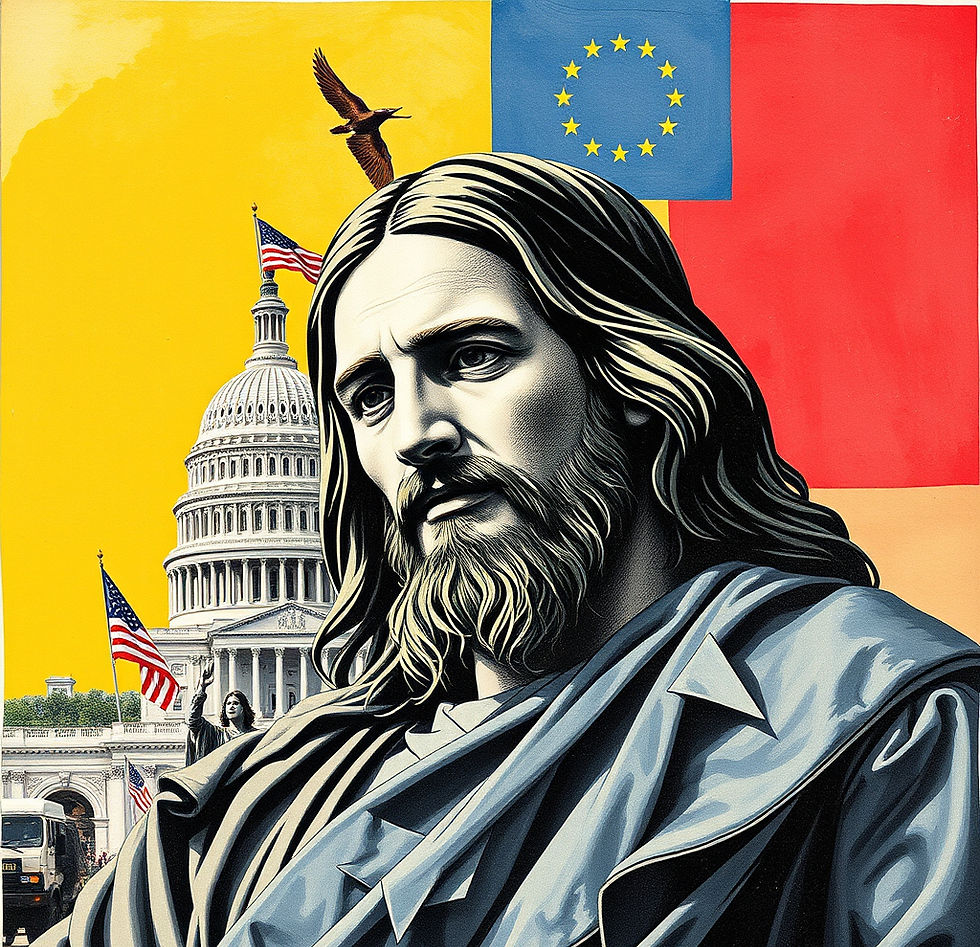 A contemplative figure resembling a classical statue is in front of the US Capitol. Flags, a bird, and a yellow-red-blue background complete the scene.