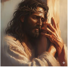 A man with a crown of thorns leans against a wooden beam, appearing contemplative. Warm tones and soft lighting create an emotional mood.