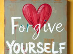 Wooden sign with a red heart and text reading "Forgive Yourself" in white. Set against a yellow wall, conveying a positive, encouraging mood.