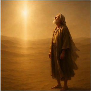 Elderly man in robes stands in a golden, sunlit desert, gazing upward. The warm glow creates a serene, contemplative mood.
