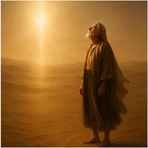 Elderly man in robes stands in a golden, sunlit desert, gazing upward. The warm glow creates a serene, contemplative mood.