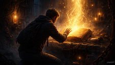 A person kneels in a dim, ancient room, casting magic from an open book. Glowing light and candles illuminate stone walls and chains.