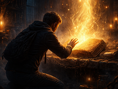 A person kneels in a dim, ancient room, casting magic from an open book. Glowing light and candles illuminate stone walls and chains.