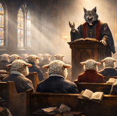Illustration of a pastor preaching who looks like a wolf and the congregation are all sheep