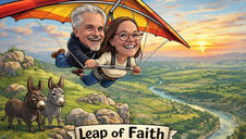 Two people hang gliding over a scenic landscape at sunset, smiling. Two donkeys stand on a rocky hill. "Leap of Faith" text below.