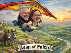 Two people hang gliding over a scenic landscape at sunset, smiling. Two donkeys stand on a rocky hill. "Leap of Faith" text below.