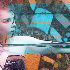 Person aiming a bow against a vibrant graffiti background. Blue and orange dominate, creating a focused and dynamic mood.