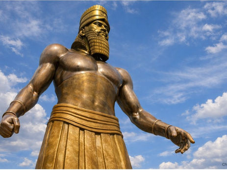 Bronze statue of a regal, bearded man stands strong against a blue sky with clouds. It's imposing and detailed, conveying power and history.