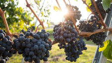 Clusters of dark grapes hanging on a vine with sunlight filtering through. Leaves and a blurred vineyard background create a warm, serene mood.