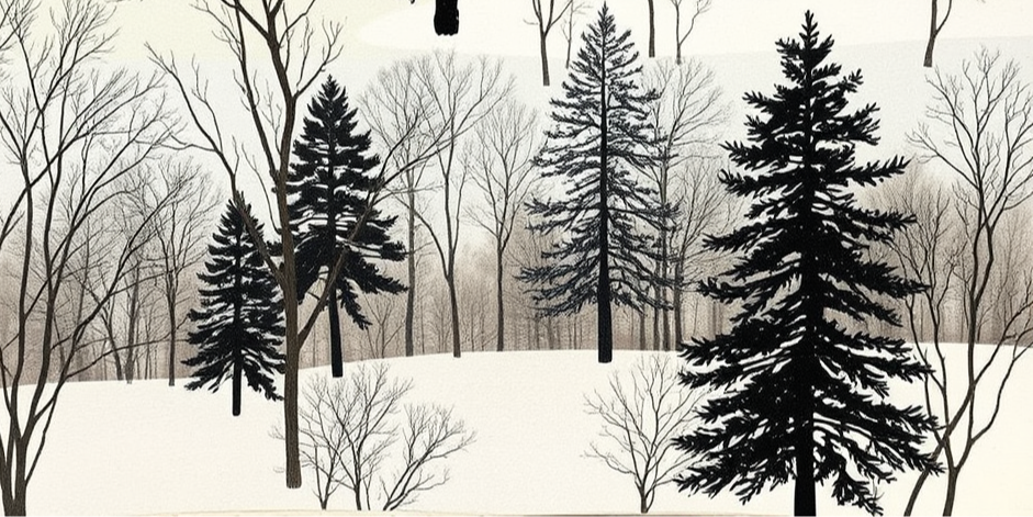 Snowy forest with leafless trees and dark evergreen pines. Misty background creates a calm, serene winter atmosphere.